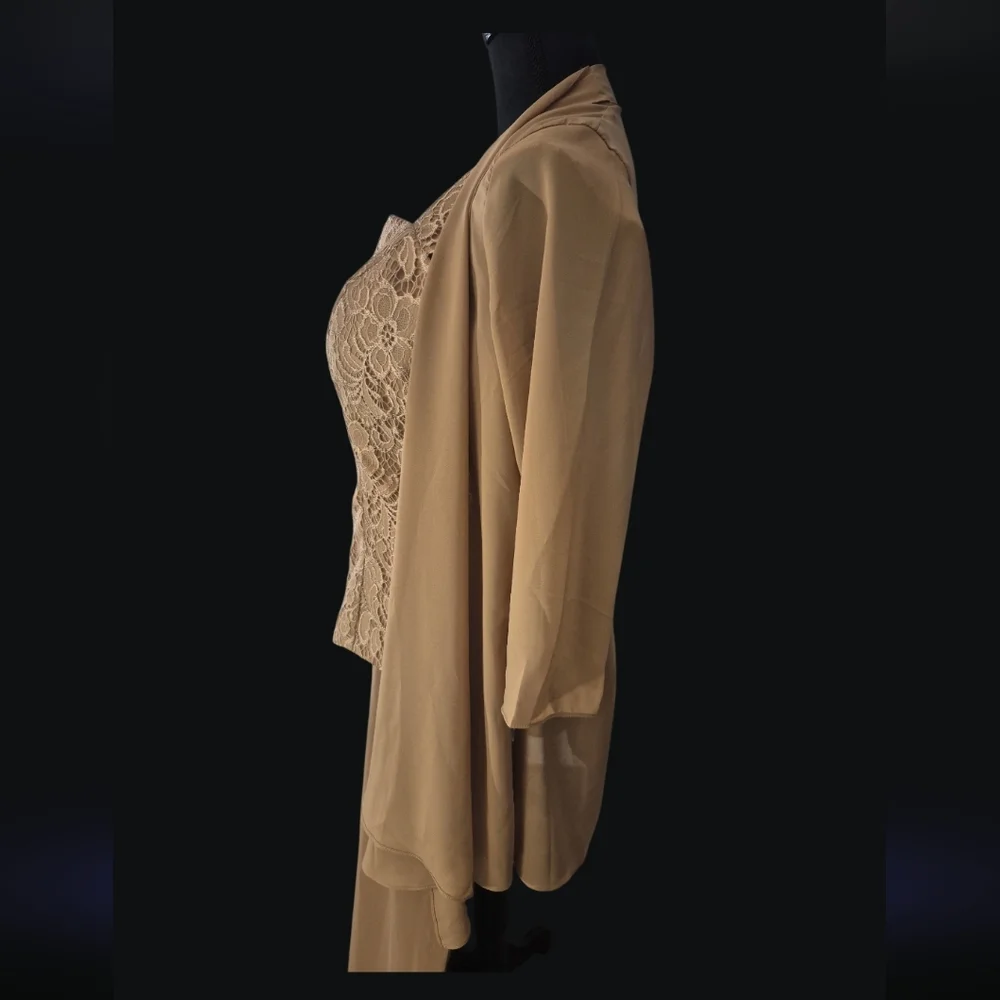 Elegant Nude Taupe Lace Corset Top Chiffon Shrug Wide Leg Pant Suit Set - Size X - Picture 5 of 6